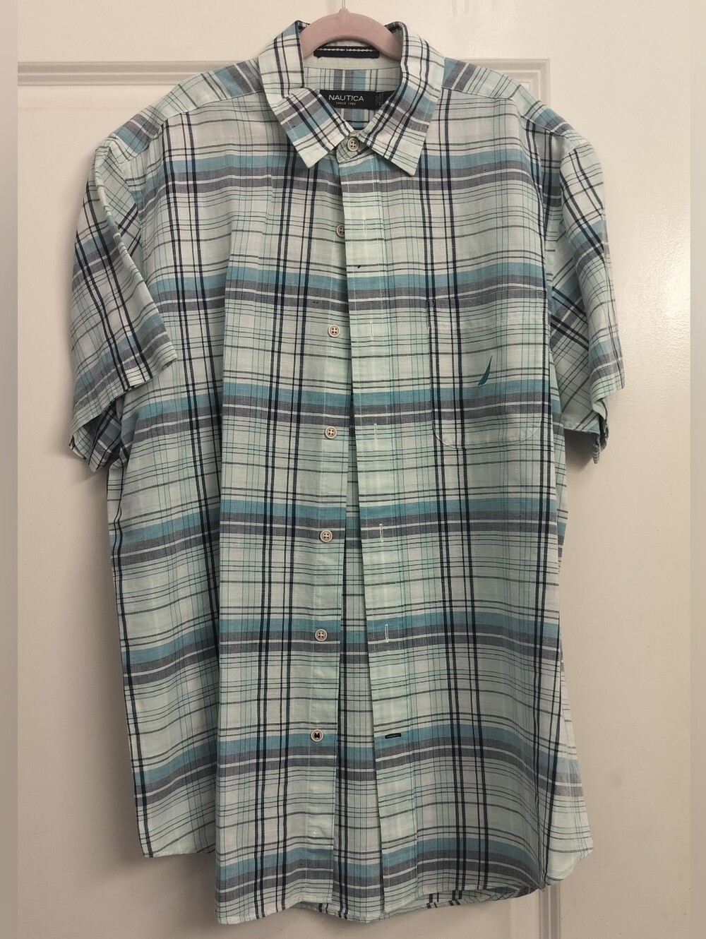 Nautica Men's Linen Cotton Blend Plaid Short Sleeve Button Up Shirt- Seafoam 💙